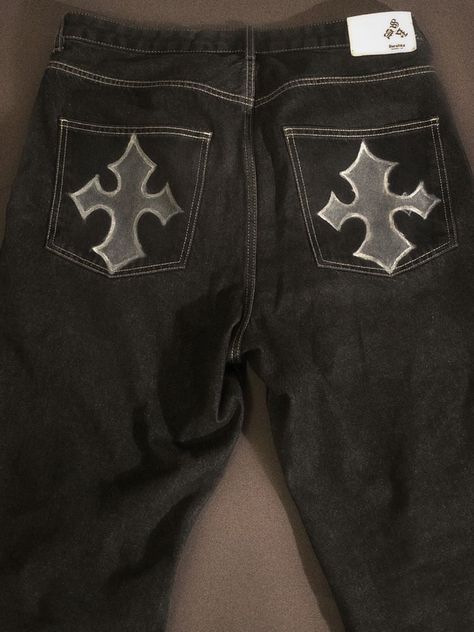 Customized Baggy Jeans, Baggy Cross Jeans, Cross On Pants, Crosses On Jeans, Jeans With Crosses Y2k, Cross Jeans Y2k, Pants With Crosses, Jeans Customization, Y2k Grunge Pants