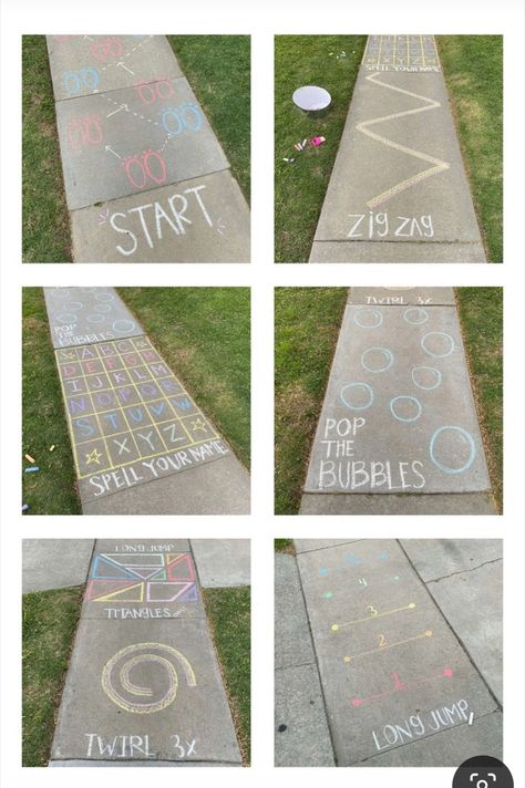 Chalk Roads For Kids, Obstical Course Chalk, Preschool Hopscotch Ideas, Outdoor Sensory Walking Path In School, Halloween Sidewalk Chalk Obstacle Course, Side Walk Chalk Obstacles, Halloween Chalk Obstacle Course, Chalk Hopscotch Ideas, Sidewalk Chalk Obstacle Course For Kids