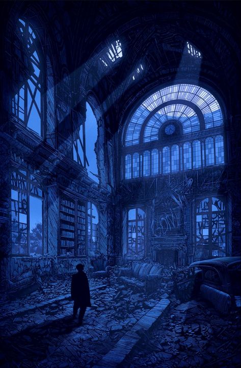 A man who is in dark shadow stands inside an abandoned dilapidated building. It is night, a bright moon is shining through a huge hole in the ceiling. Someone has scrawled graffiti on a painting over the large fireplace. The graffiti says ”Gone” Seaside Town Aesthetic Dark, Noir Art, Classic Prints, Fantasy Worlds, Albrecht Durer, 3d Video, Fantasy Places, Ethereal Art, Take Your Time