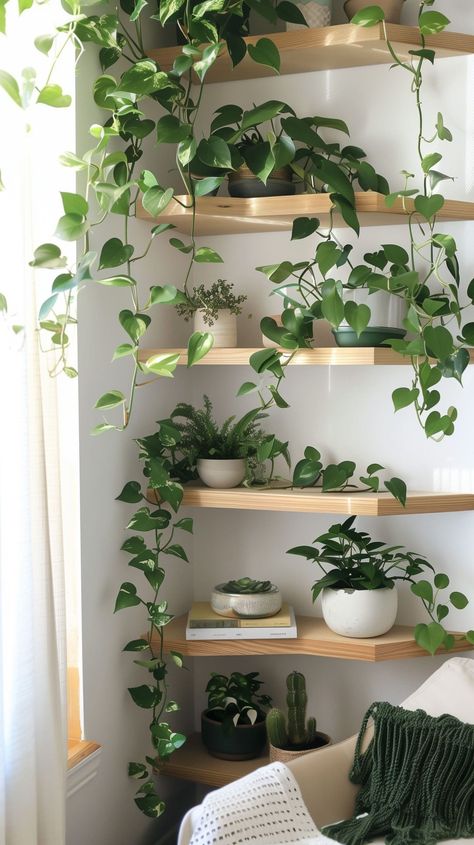 Plant Shelf Design Ideas - Remodr Picture Shelf Plants, Home Design Plants, Plant Shelves Apartment, Plant Shelf Bedroom, Indoor Plant Design, Plant Corner Bedroom, House Plants Living Room, House Plant Display Ideas, Indoor Plant Room