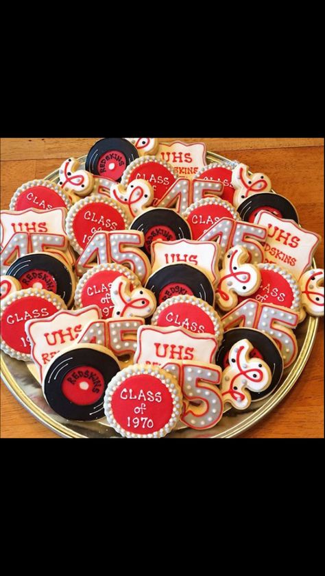 45th Class Reunion (with 45-rpm records) Class Reunion Gifts, High School Reunion Planning, High School Reunions, School Reunion Decorations, Class Reunion Favors, Class Reunion Planning, 50th Class Reunion Ideas, Class Reunion Invitations, Reunion Centerpieces