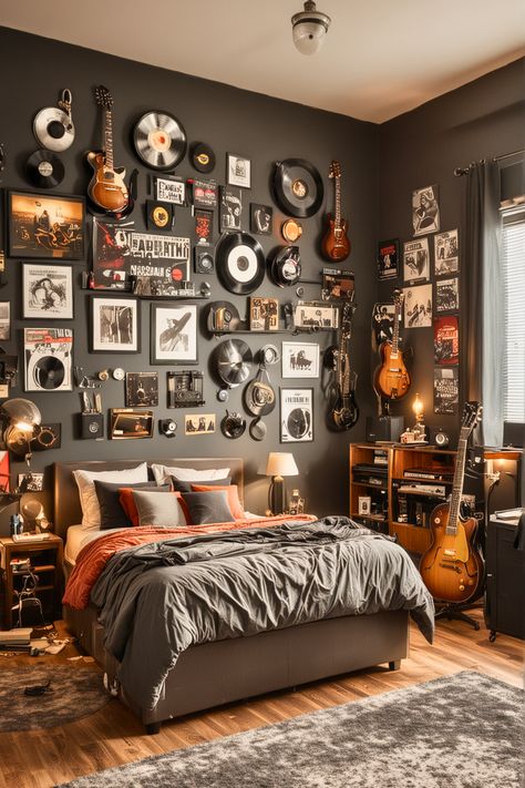 25 Male Bedroom Ideas That Will Blow Your Mind – The Crafty Hacks Rock Band Room Ideas, Single Mans Bedroom Ideas, Rock Inspired Bedroom, Metallica Bedroom, Music Room Bedroom, Rock N Roll Bedroom Ideas, Male Room Decor Bedroom, Music Aesthetic Bedroom, Single Men Bedroom Ideas