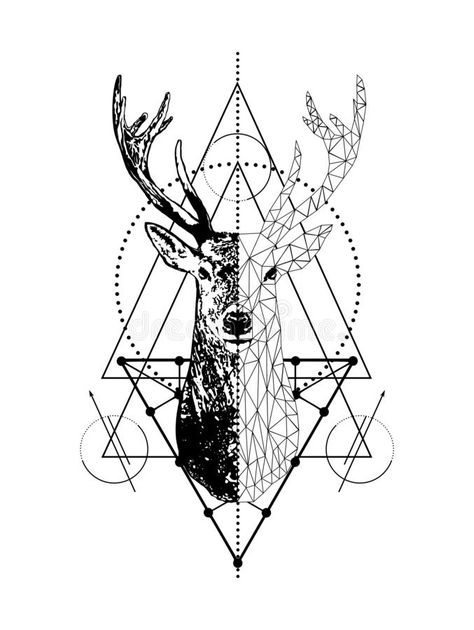 Geometric Stag Tattoo, Geometric Tattoo Animal, Geometric Deer Art, Geometric Deer Head, Deer Head Tattoo, Deer Tattoo Designs, Geometric Animal Tattoo, Stag Tattoo, Deer Poster