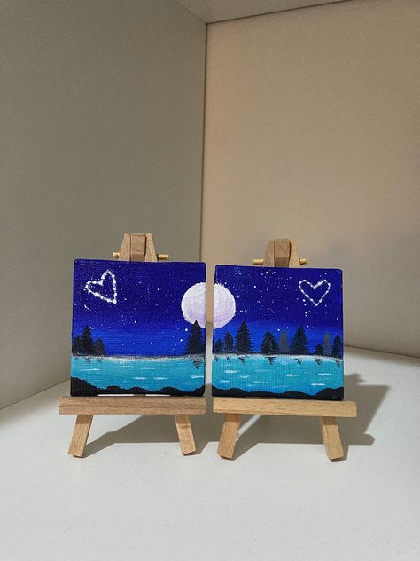 Painting Idea With Boyfriend, Painting Ideas For Significant Other, Cute Date Painting Ideas, Art Night Ideas Canvas Paintings, Couple Paints Ideas, Canvas Painting Idea For Boyfriend, Matching Mini Canvas Art, Couple Date Painting Ideas, Mini Couple Painting