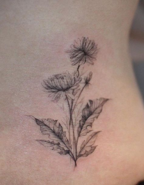 Dandelion Sketch Tattoo, Dandelion Shoulder Tattoos For Women, Blooming Dandelion Tattoo, Fineline Tattoo Dandelion, Dandelion Flower Tattoo Black And White, Bouquet Of Dandelions Tattoo, Dandelion Flower Tattoo Design, Dandeline Flower Tattoo, Dandelion Arm Tattoo