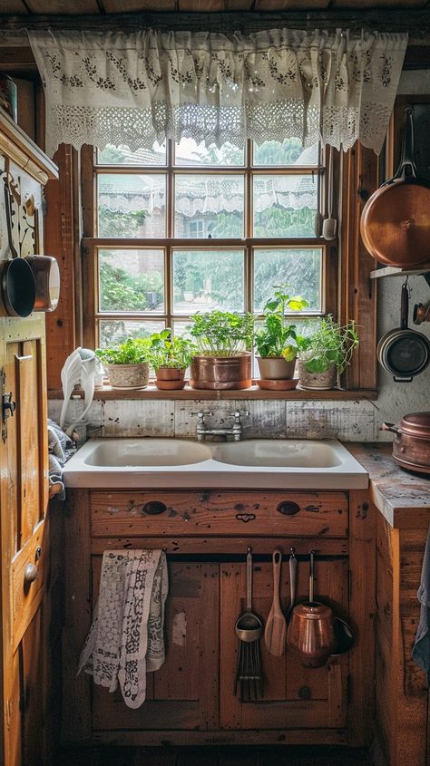 "Cozy rustic #kitchendecor: A cozy #rustickitchen setting with #vintagepots, #lacecurtains, and lush #greenplants near the window. #homeinterior #cozyhome #vintage #wooden #aiart #aiphoto #stockcake ⬇️ Download and 📝 Prompt 👉 https://stockcake.com/i/cozy-rustic-kitchen_1126565_890105". Tiny Vintage Kitchen, Cozy Old Home, Grandmacore Kitchen, Sims Cottage, Old Cottage Interior, Cozy Cottage Home, Rustic Cottage Kitchens, Vintage Kitchen Curtains, Cottage Core Kitchen