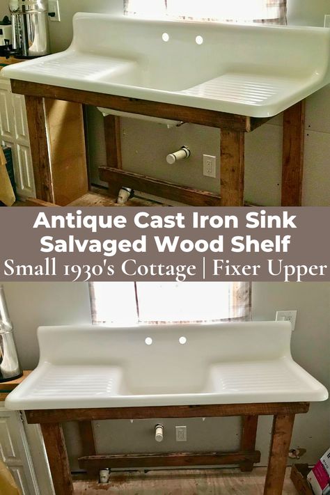 antique cast iron sink in handmade salvaged wooden shelf Cast Iron Drainboard Sink, Vintage Kitchen Sink Cabinet, Diy Farm Sink Cabinet, Antique Cast Iron Sink, Old Kitchen Sink Ideas, Kitchen Sink Cabinet Ideas Diy, Sink Base Cabinet Diy, Cast Iron Sink Repurpose, Old Cast Iron Sink Ideas