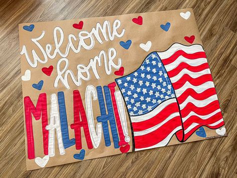 Welcome home soldier banner! Love these ❤️🤍🩵 #banner #banners #art #artwork #redwhiteblue #welcomehomesoldier #welcomehome #america #supportsmall #shoplocal #shopsmall Soldier Welcome Home Signs, Welcome Home Soldier Ideas, Welcome Home Diy Ideas, Welcome Home Military Signs, Diy Welcome Home Signs, Welcome Back Poster Ideas, Welcome Home Sign Ideas, Welcome Poster Ideas, Host Ideas