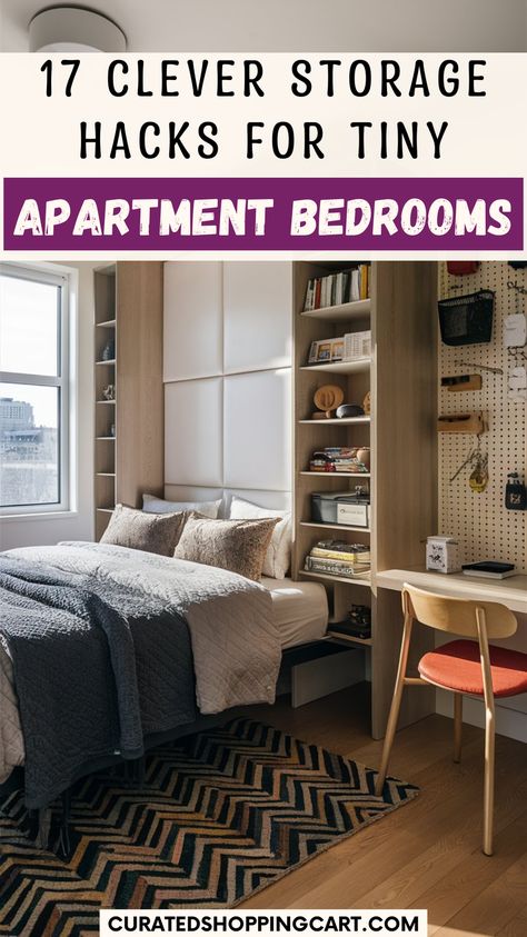 Transform your tiny apartment bedroom with clever storage hacks. Use vertical shelving, over-the-door organizers, and storage headboards to create a functional and stylish space. Say goodbye to clutter with these innovative solutions!  tiny bedroom storage, organizing tips, Small apartment storage hacks, bedroom organization, space-saving tips, small apartment, Storage hacks, Bedroom storage Ideas, Bedroom Decor Inspiration, Bedroom Ideas,Organization,Bedroom Organization,Home Organization Ideas Vertical Storage Bedroom, Storage Ideas For Tiny Bedrooms, Small Apartment Storage Solutions Closet, Vertical Space Ideas Bedroom, Organizing Small Spaces Apartment Living, Small Bedroom Storage Ideas Space Saving, Tiny Apartment Hacks, Small Bedroom Inspirations Space Saving, Bedroom Ideas Organization