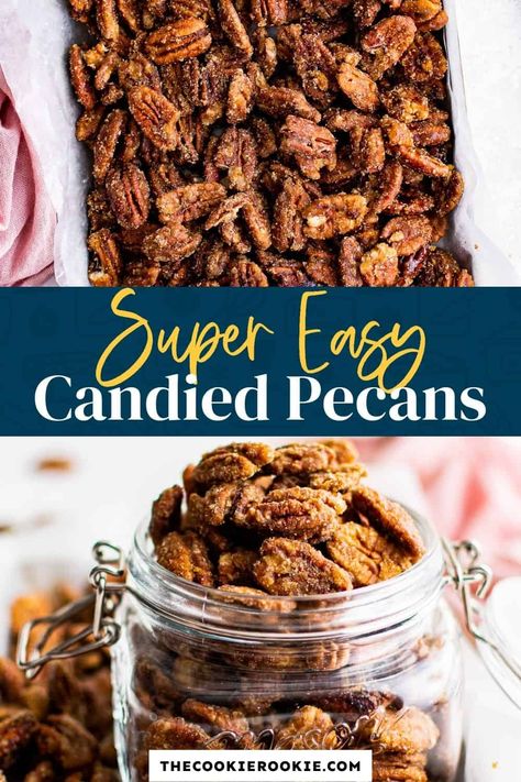 Easy to make, these delicious candied pecans are perfect for holiday snacking! Seasoned with brown sugar, vanilla and cinnamon, they take minutes to make with a few pantry staples. How To Candy Pecans For Salad, The Best Candied Pecans, Easy Candied Nuts Recipe, Pecans Candied Easy, Nut Recipes Snacks, Candy Pecans Recipe Easy, Candied Nuts Recipe Easy, Candies Pecans, Savory Christmas Snacks