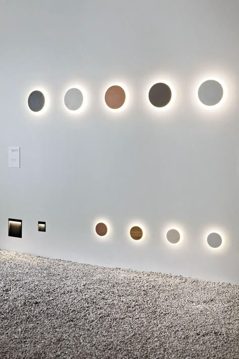 Flos @ Light + Building 2016 | Flos Flos Lamp, Round Wall Light, Flos Light, Contemporary Art Installation, Monochrome Wall, Piero Lissoni, Lighting Showroom, Exterior Wall Light, Light Building