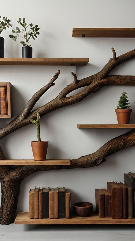 Transform your bedroom into a grunge-inspired sanctuary with DIY tree branch shelves Learn how to create your own floating corner wall brackets with this step-by-step tutorial on plant wall shelves Rustic and unique these tree-branch-inspired shelves will add a touch of nature to your space Hanging Bookshelf Diy, Diy Hanging Bookshelf, Plant Wall Shelves, Branch Shelves, Diy Tree Branch, Hanging Bookshelf, Hanging Bookshelves, Square Shelf, Shelves Ideas