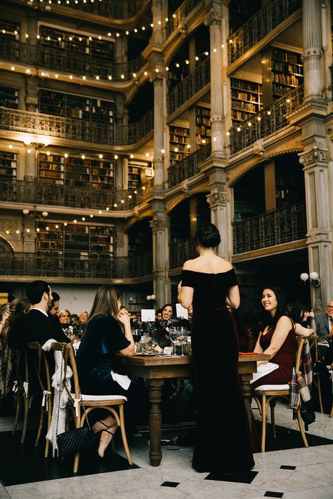 Wedding In A Bookstore, Dark Library Wedding, Dark Academia Wedding Bridesmaids, Winter Library Wedding, Bookstore Wedding Reception, Wedding In A Library, Cbk Wedding, George Peabody Library Wedding, Peabody Library Wedding