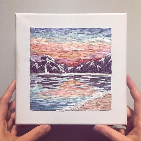 Sunset Embroidery Pattern, Hand Embroidery On Canvas, Stitching On Canvas, Embroidery Canvas Art, Square Embroidery Design, Sunset Over Mountains, Mountain Embroidery, Embroidery On Canvas, Embroidery Stitches Flowers