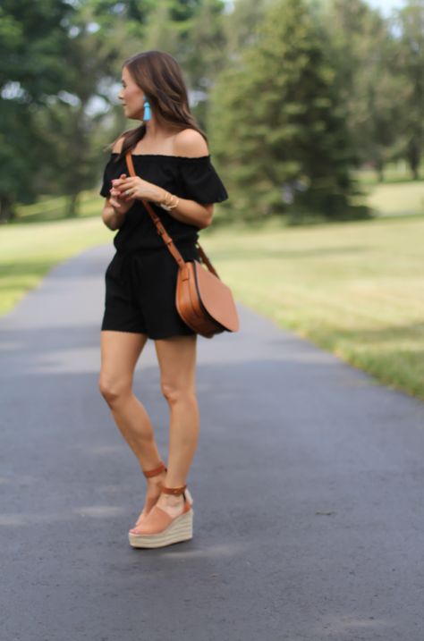 Black Off the Shoulder Romper, Brown Suede Wedge Espadrilles, Brown Leather Crossbody Saddle Bag, Turquoise Tassel Earrings, Loft, Chloe, Tory Burch, Lisi Lerch Brown Wedges Outfit, Espadrilles Outfit, Brown Espadrilles, Off The Shoulder Romper, Miss You All, Black Leather Wedges, Wedge Espadrilles, Brown Wedges, Back On Track