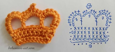 3 Free Crochet Crown Applique Patterns | Bohemian Cat Crochet Cat Applique, Crochet Crown Pattern, Crown Applique, Slip Stitch Crochet, Crochet Crown, Crochet Applique Patterns Free, Cat Applique, Crochet Brooch, Crochet Symbols