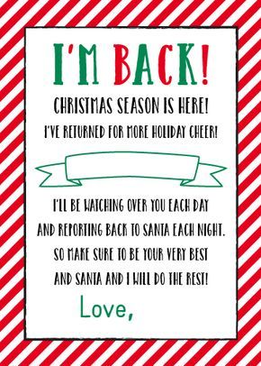 { FREE } Printable "I'm Back" Elf on the Shelf Letter | 5 x 7 Size - Plush Paper Design I'm Back Elf, Elf On The Shelf Letter, Elf On Shelf Letter, Elf Movie Quotes, Elf Names, Elf Letters, Awesome Elf On The Shelf Ideas, Xmas Elf, Elf Antics