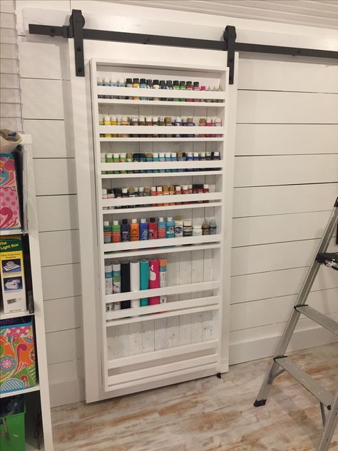 Storage And Organization For Craft Room, Diy Craft Shed, Farmhouse Style Craft Room, Craft Room Paint Ideas, Attic Craft Room Ideas, Craft Room Paint Storage, Paint Display Ideas, She Shed Organization, Craft Cabinet Organization