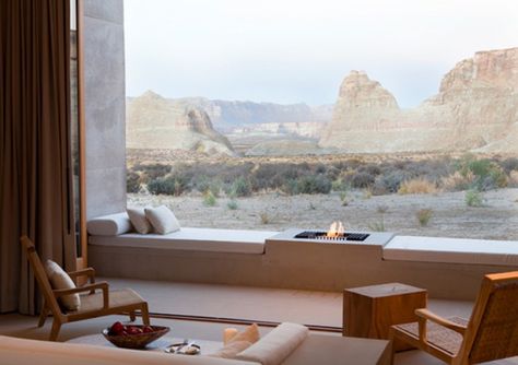 EcoSmart Fire Custom Grate featured in Amangiri Resort, Canyon Point, Utah Amangiri Resort, Relaxation Station, Inspo Board, Fireplace Design, Window Seat, Bay Window, Elle Decor, Hotels And Resorts, Ramen