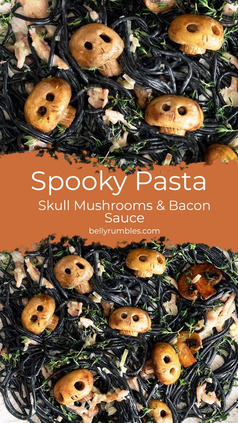 Stuffed Mushrooms Halloween, Black Pasta Recipe Halloween, Halloween Squid Ink Pasta, Black Noodles Halloween, Squid Ink Pasta Halloween, Spooky Gnocchi, Spooky Pasta Dinner, Spagetti Halloween, Spooky Halloween Dinner Party