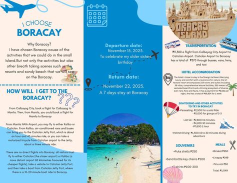 Example Of Brochure Design, Boracay Travel Brochure, Travel Brochure Design, Brochure Examples, Family Tree Art, Brochure Ideas, Boracay Island, Basic Skin Care Routine, Philippines Travel