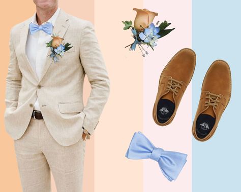 Light tan suits, brown dreas shoes, sky blue bow ties Tan Suit Light Blue Tie, Tan Suit With Light Blue Tie, Tan Tuxedo Wedding, Khaki Groomsmen, Tan Groomsmen Suits, Tan Groomsmen, Tan Suit Wedding, Tan Tuxedo, Tan Suits