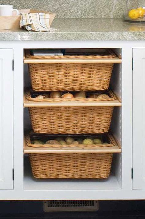 Redoing your kitchen cabinets? Consider adding a couple of slide-out baskets, which are ideal for storing vegetables that don't need to be refrigerated, such as onions and potatoes. #organization #storageideas #kitchenorganization #bhg Onion Storage, Kitchen Island Storage, Island Storage, Produce Storage, Kabinet Dapur, Kitchen Necessities, Vegetable Storage, Diy Kitchen Storage, Kitchen Cabinet Storage