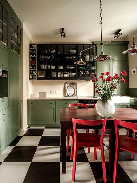 Studio Kitchen, Red Kitchen, Green Interiors, Kitchen Diner, Green Kitchen, Kitchen Flooring, New Kitchen, Kitchen Interior, Home Interior