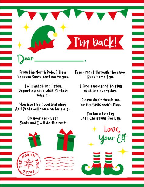 Elf On Shelf Letter, Elf Letters Printable, Welcome Back Letter, Elf On The Shelf Arrival, Elf Notes, Paper Napkin Folding, Elf Letters, Elf Me, Awesome Elf On The Shelf Ideas