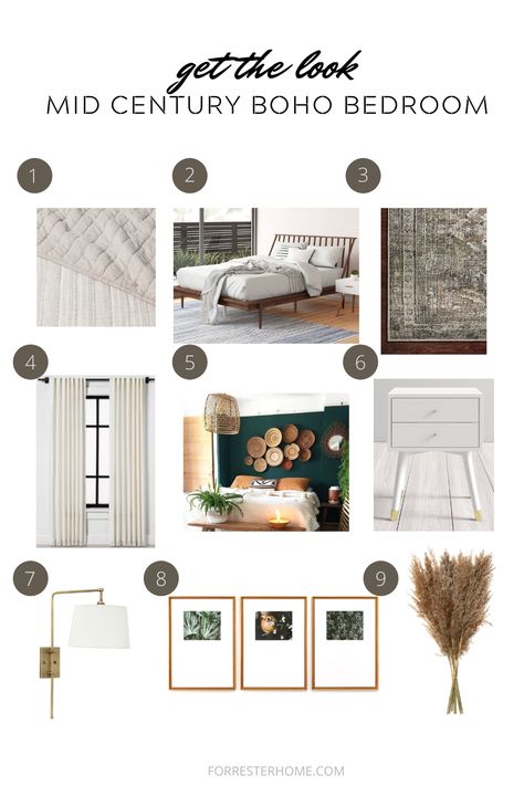 Get the Look | Mid Century Boho Bedroom Mid Century Boho Bedroom, Bedroom Magic, Cream And White Bedroom, Hanging Wallpaper, Mid Century Modern Boho, Bedroom Reveal, Mid Century Boho, How To Hang Wallpaper, One Two Three