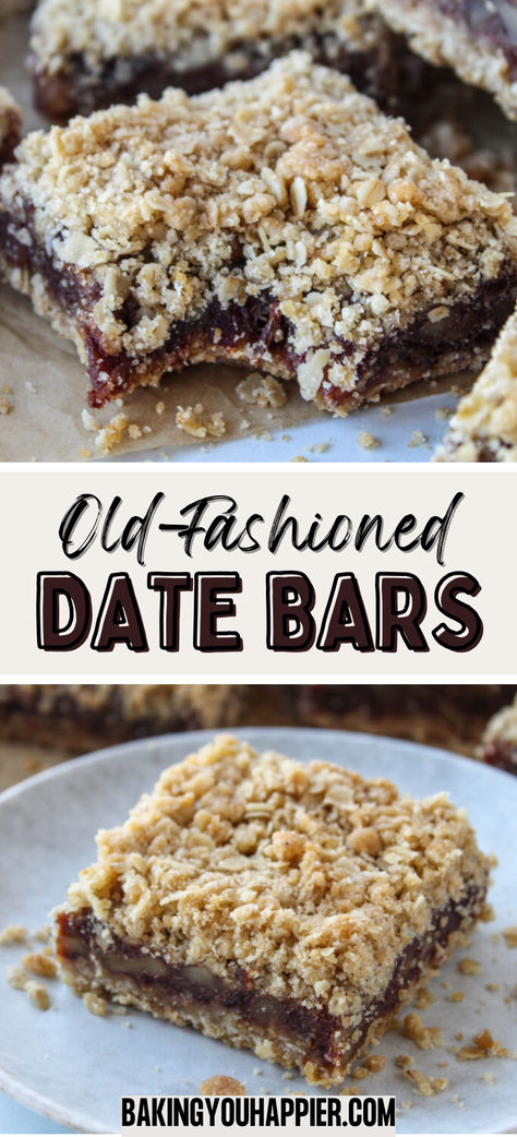 Date Bars, an old-fashioned homemade Date Bar recipe with a chewy center and a lightly sweetened crumb topping! Matrimonial Bars Date Squares, Date Bars Recipe Squares, Date Crumble Bars, Recipes For Dates Desserts, Date And Oat Bars, Date Walnut Bars Recipe, Date Bar Recipes, Chocolate Date Bars, Recipes With Date Pieces