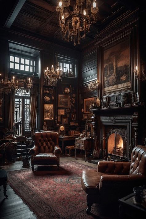 Gothic House Style, Dark Fantasy Interior Design, Old English Style Home Interior Design, Dark Academia Interior Aesthetic, Dark Academia House Interior Living Room, Modern Manor Aesthetic, Amethyst Inspired Bedroom, Classically Eccentric Decor, Gothic Manor House