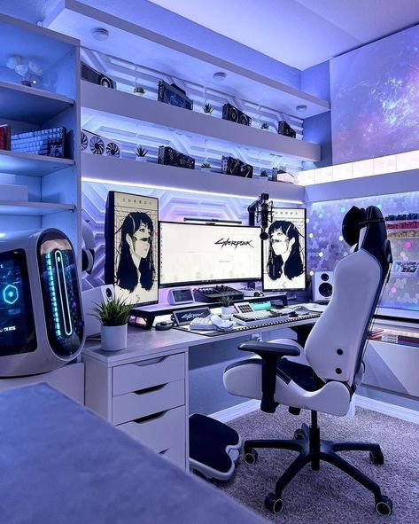 Bedroom With Computer Desk Ideas, Streaming Office, Pc Gaming Setup Ideas, Technology Room, Game Room Layout, Gaming Desk Designs, Games Room Inspiration, Vibey Room, Small Game Rooms