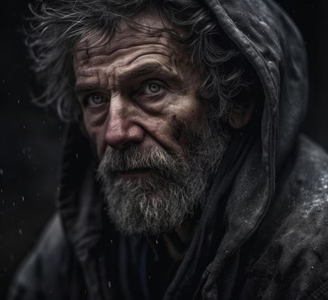 A man with a hood on and a grey hair and... | Premium Photo #Freepik #photo #homeless #homeless-people #poor-people #beggar Dnd Beggar, Homeless Character Art, Homeless Character Design, Caricature Ideas, Man Pose, Magic Flute, Grey Beards, Poor Man, Girly Dp