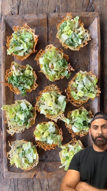 Food for your thoughts on Instagram: "CHEESY CAESAR SALAD CUPS! 🧀  🎥: @justataste  How do you improve upon the iconic Caesar salad? Swap the serving bowl for a crispy cheese cup made with @crackerbarrelcheese!  This easy, cheesy upgrade stars Cracker Barrel Vermont Sharp White Cheddar that’s finely shredded, piled into mounds, and baked at 350°F until melted and golden brown around the edges. All that’s left to do is drape the melted cheese onto an inverted muffin pan and let it crisp up.  The rich, bold flavor of Cracker Barrel Cheese is the perfect way to elevate any recipe. This easy but impressive hack allows you to create the ultimate edible serving vessel for salads, dips, charcuterie and more.  #crackerbarrelcheese #caesar #caesarsalad #cheeselove #cheddarcheese #appetizerideas #e Caesar Salad Appetizer, Caesar Salad Cups, Salad Bites, Salad Cups, Tortilla Cups, Crispy Cheese, Party Starters, Easy Cheesy, White Cheddar