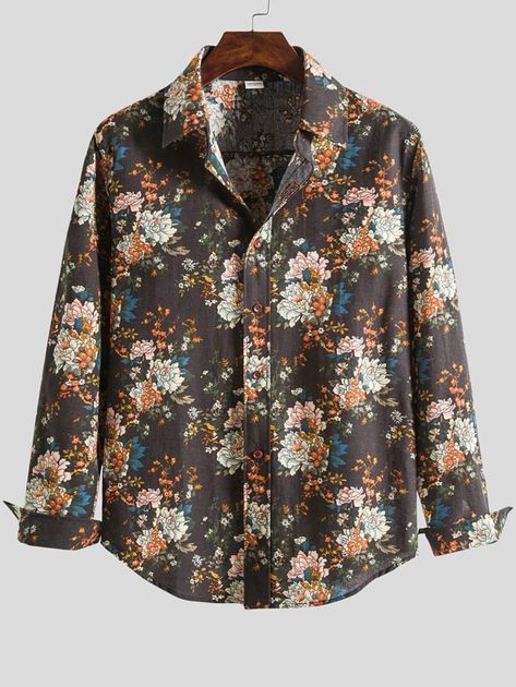 Men Allover Floral Print Button Up Shirt | SHEIN USA Patterned Button Up Men, Mens Long Sleeve Button Up Shirts, Floral Button Up Shirt Outfit Men, Pattern Button Up Shirt Outfit Men, Pattern Button Up, Patterned Button Up, Floral Dress Shirt Men, Bf Outfits, Enby Fashion