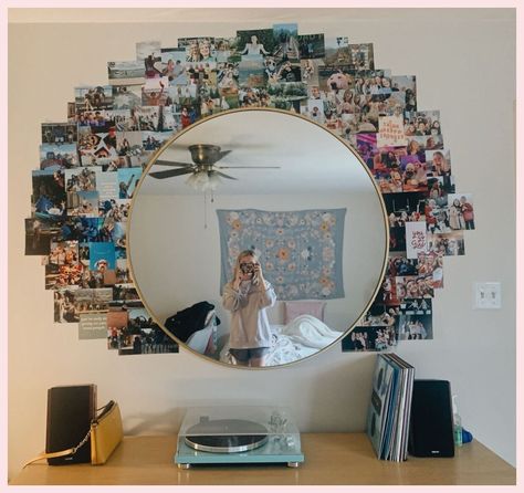 Mirror With Pictures Around It Bedroom, Photo Wall Collage Around Mirror, Mirror Photo Collage, Picture Mirror Wall Collage, Mirror Wall Collage Ideas, Circle Mirror With Pictures Around It, Photo Wall Collage With Mirror, Mirror With Photos Around It, Collage Around Mirror