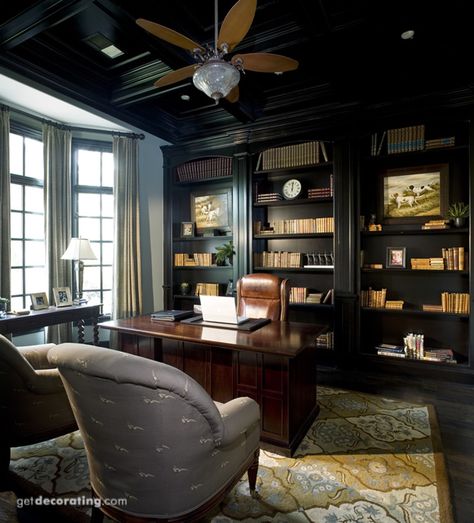 office layout Wallpapering Ceilings, Wallpapered Ceilings, Texture Ceiling, Castle Office, Wallpapered Ceiling, Library Loft, Staining Wood Floors, Wallpaper Feature, Traditional Home Office