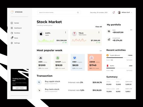 Stock Portfolio Dashboard, Dashboard Design Inspiration, Investment Dashboard, Stock Website, Dashboard Ui Design, Admin Ui, Stock Investment, Dribbble Design, Ui Design Dashboard