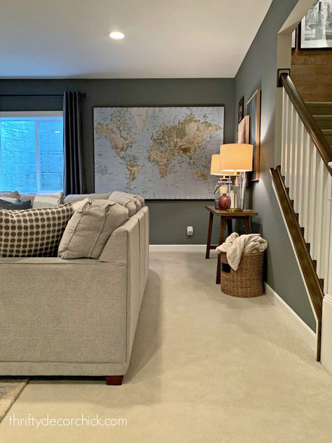 Going super cozy and comfy in the basement! from Thrifty Decor Chick Basement Color Schemes, Basement Wall Colors, Basement Colors, Basement Paint Colors, Basement Decoration, Basement Painting, Acnh Basement, Dream Basement, Basement Inspiration