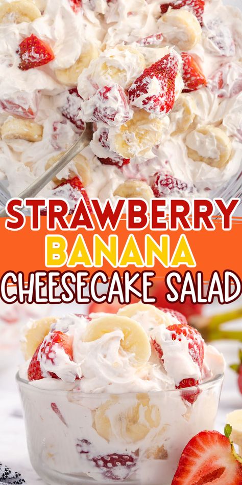 Cheesecake Salad Recipe, Strawberry Banana Cheesecake Salad, Strawberry Cheesecake Salad, Cheesecake Salad, Easy Fruit Salad Recipes, Homemade Whipped Cream Recipe, Salad Summer, Banana Cheesecake, Fruit Salad Easy