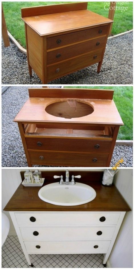 Bathroom Vanities Made From Furniture, Upcycled Furniture Bathroom Vanity, Old Dresser For Bathroom Vanity, Vanity Out Of Dresser, Diy Shower Dispenser, Upcycled Bathroom Vanity Ideas, Convert Dresser To Bathroom Vanity, Bathroom Vanity Dresser Diy, Diy Vanity Bathroom