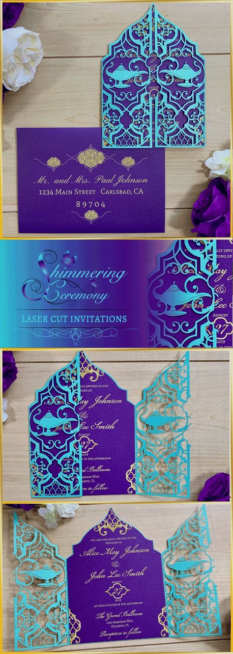 Aladdin Wedding Theme, Aladdin Wedding, Arabian Nights Party, Wedding Ceremony Invitations, Marriage Invitation, Cars Ideas, Laser Beam, Deeply In Love, Marriage Invitations