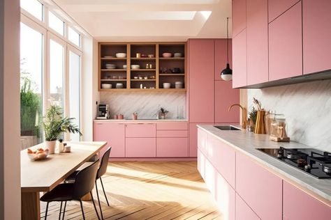 Kitchen Trends 2024: Dishing Out the Future of Design - Decorilla Online Interior Design Pink Kitchen Ideas, Pink Cabinets, Small Kitchen Design, Sage Green Kitchen, Pastel Kitchen, Oak Kitchen Cabinets, White Countertops, Pink Kitchen, Coastal Home