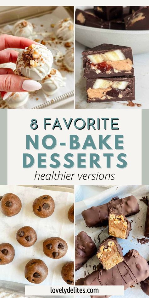 Check out these 8 No-Bake Healthy Desserts to make at home. No-bake desserts are easy to make and offer a healthier alternative to classic baked sweets. Great for snacks, desserts and so delicious. Healthy ingredients and great flavors. Paleo Desserts Easy 3 Ingredients, Healthy Sweet Snacks No Bake, Easy Deserts Ideas Healthy, Deserts Recipes Without Butter, Dessert Recipes No Eggs, Healthy Desserts With Fruit, Not Too Sweet Dessert, Healthy Quick Desserts, Clean Dessert Recipes