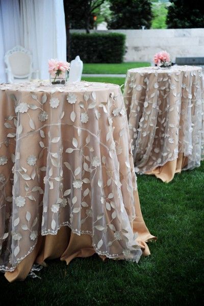 Love this! Great idea for my burlap and lace them except use burlap and lace instead of satin and lace Tan Wedding Colors, Wedding Pantone, Baroque Decor, Linen Wedding, Tan Wedding, Wedding Linens, Party Table Decorations, Decorations Wedding, Rustic Wedding Decor