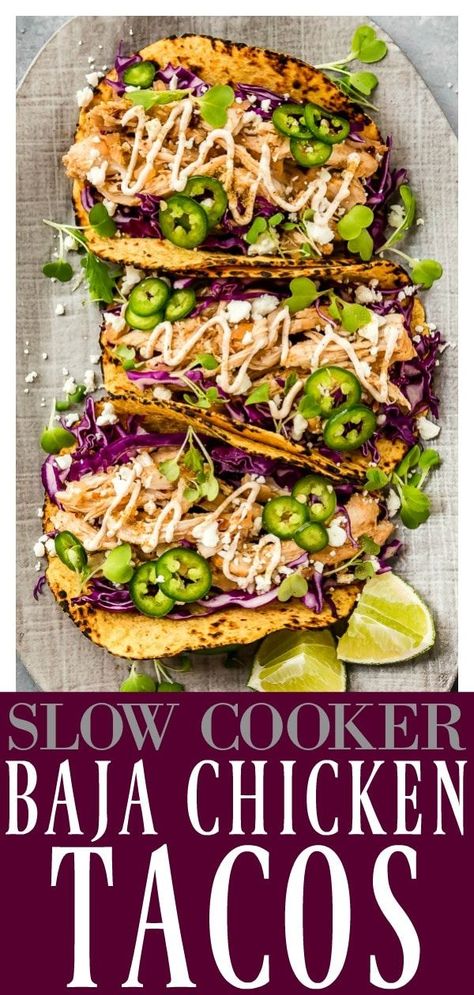 Slow Cooker Beer Braised Baja Chicken Tacos | A twist on the classic Baja fish tacos. Made with the ease of the crock pot this chicken is moist, tender and packed with flavor! Top it all off with crisp cabbage, spicy jalapeños and a creamy Baja sauce, these tacos are perfect for a weeknight dinners or entertaining! #slowcooker #crockpot #easy #baja #beer #braised #chicken #tacos #recipe via @nospoonn Baja Chicken Tacos, Baja Chicken, Beer Braised Chicken, Baja Sauce, Baja Fish Tacos, Slow Cooker Chicken Tacos, Beer Chicken, Chicken Tacos Crockpot, Crock Pot Tacos