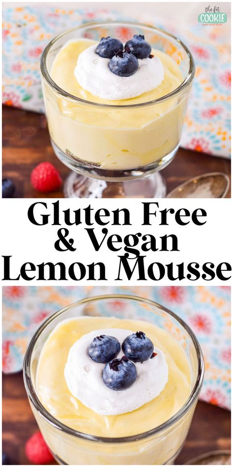 This creamy and airy vegan lemon mousse is made with simple ingredients and does not need tofu or agar! This bright tasting dessert is elegant enough for a spring party, but it's great any time of year as well! | thefitcookie.com Gluten Free Vegan Lemon Bars, Dairy Free Lemon Cheesecake, Easy Vegan Mousse, Vegan Entremet Recipe, Vegan Lemon Desserts Easy, Vegan Mousse Recipes, No Sugar Vegan Desserts, Lemon Vegan Recipes, Vegan Lemon Custard