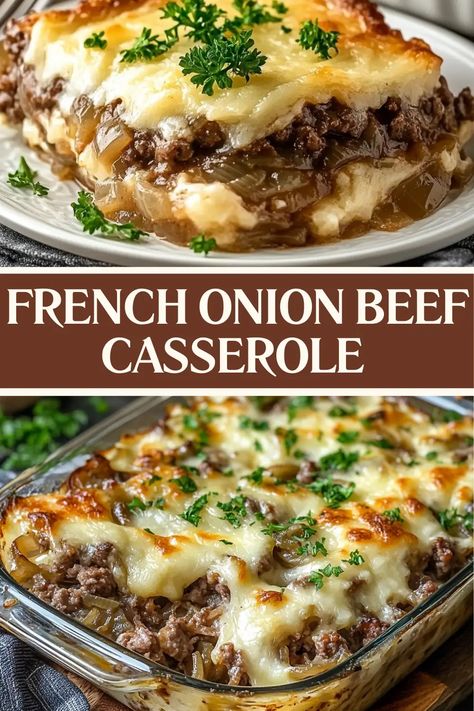 This French Onion Beef Casserole brings all the comfort of French onion soup into a hearty, satisfying casserole. Caramelized onions, tender beef, and pasta come together under a layer of melty cheese. It's easy to make, full of flavor, and perfect for weeknight dinners or family gatherings. Plus, it's customizable—add mushrooms or your favorite veggies! Pin this recipe and try it out! Onion Beef Casserole, French Onion Beef Casserole, French Onion Casserole, Ground Beef Noodles, French Onion Beef, Yummy Casserole Recipes, Beef Noodles, French Fried Onions, Tater Tot Casserole