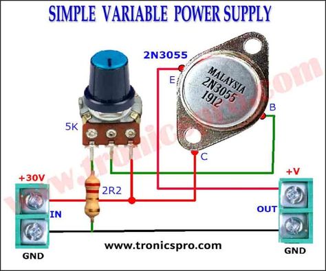 Simple Variable Power Supply Circuit Diagram Diy Power Supply, Power Supply Circuit Diagram, Simple Electronic Circuits, Basic Electronic Circuits, Simple Electronics, Diy Amplifier, Electronic Circuit Design, Power Supply Circuit, Electrical Circuit Diagram